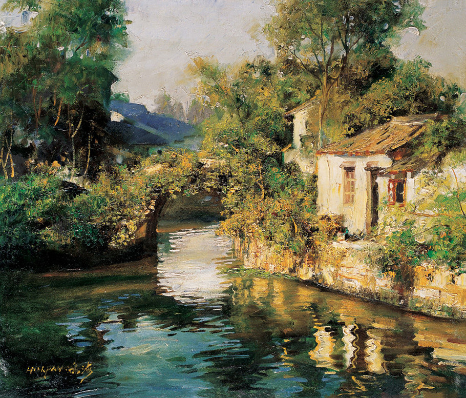 罗贯中油画江南水乡,江南水乡风景画秋色