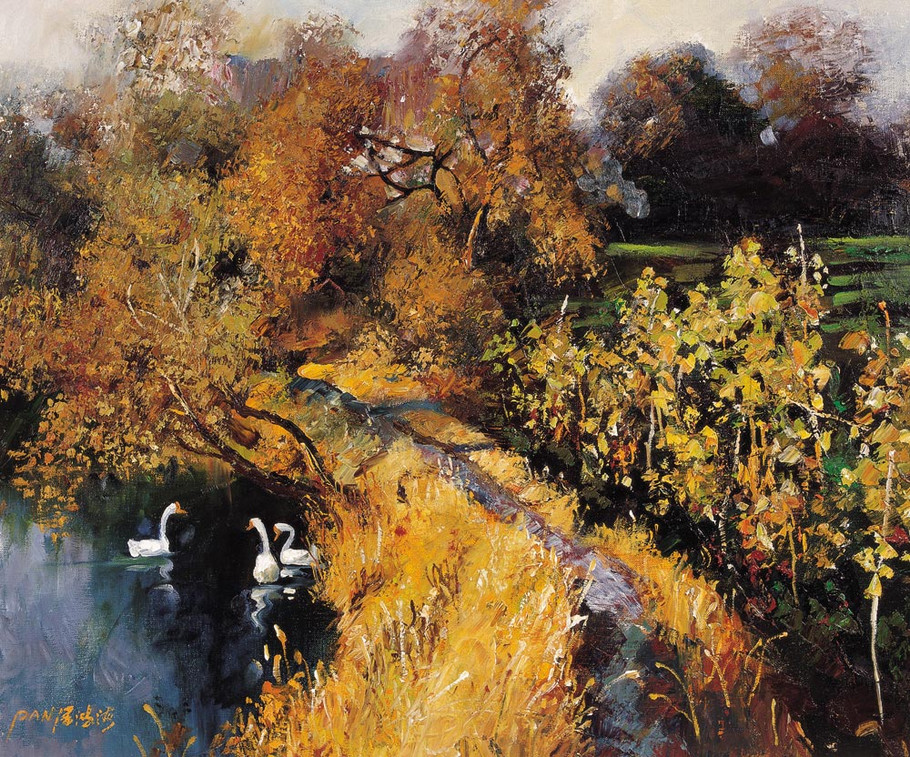 罗贯中油画江南水乡,江南水乡风景画秋色