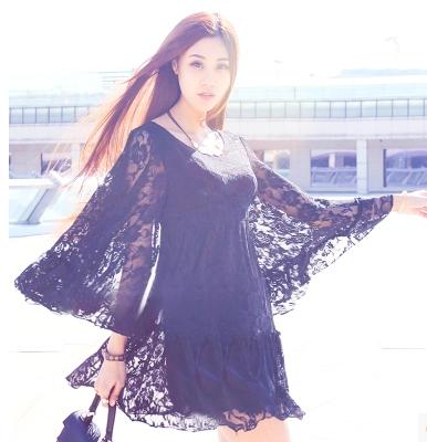 碎花裙连衣裙春秋七分袖雪纺,长袖春秋雪纺黑碎花连衣裙最新款