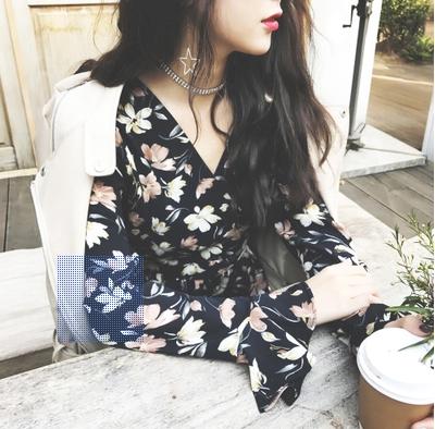 碎花裙连衣裙春秋七分袖雪纺,长袖春秋雪纺黑碎花连衣裙最新款