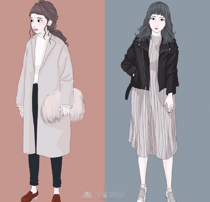 复古文艺风穿搭人物手绘,时尚穿搭小清新手绘
