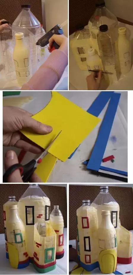 自制用塑料瓶做的特别大城堡,手工制作幼儿园废物利用梦幻城堡