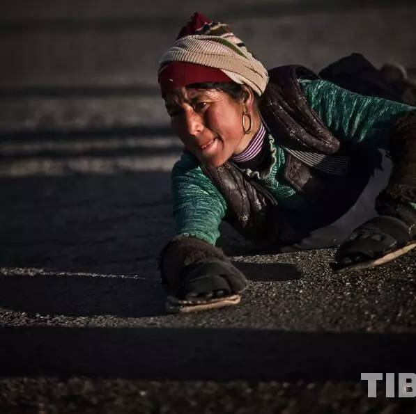 他们拉着板车带着食物三步一拜去朝圣