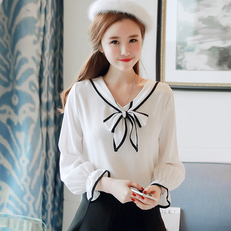 中长款雪纺衫上衣新款蝴蝶结,碎花雪纺衫蝴蝶结长袖