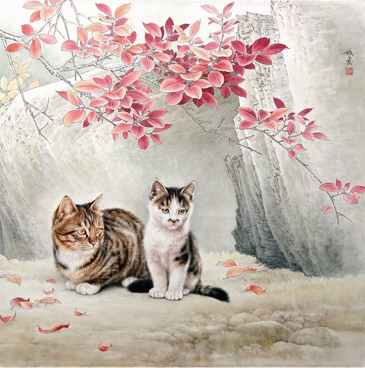 邢诚爱工笔猫扑蝶画法,邢诚爱工笔画猫白描底稿