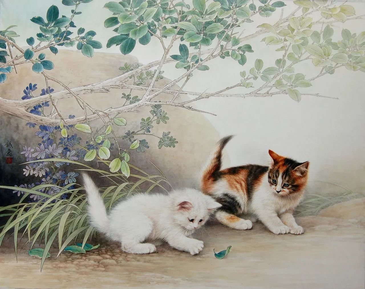 邢诚爱工笔猫扑蝶画法,邢诚爱工笔画猫白描底稿