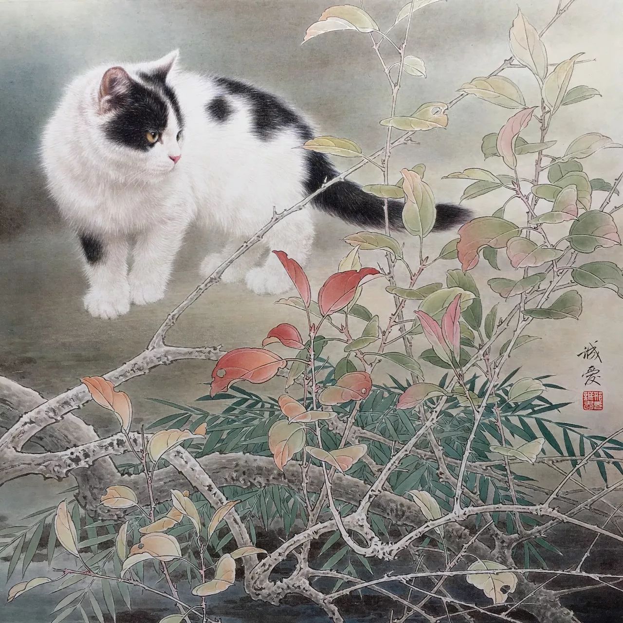 邢诚爱工笔猫扑蝶画法,邢诚爱工笔画猫白描底稿
