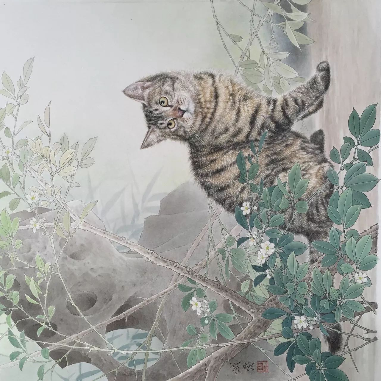 邢诚爱工笔猫扑蝶画法,邢诚爱工笔画猫白描底稿