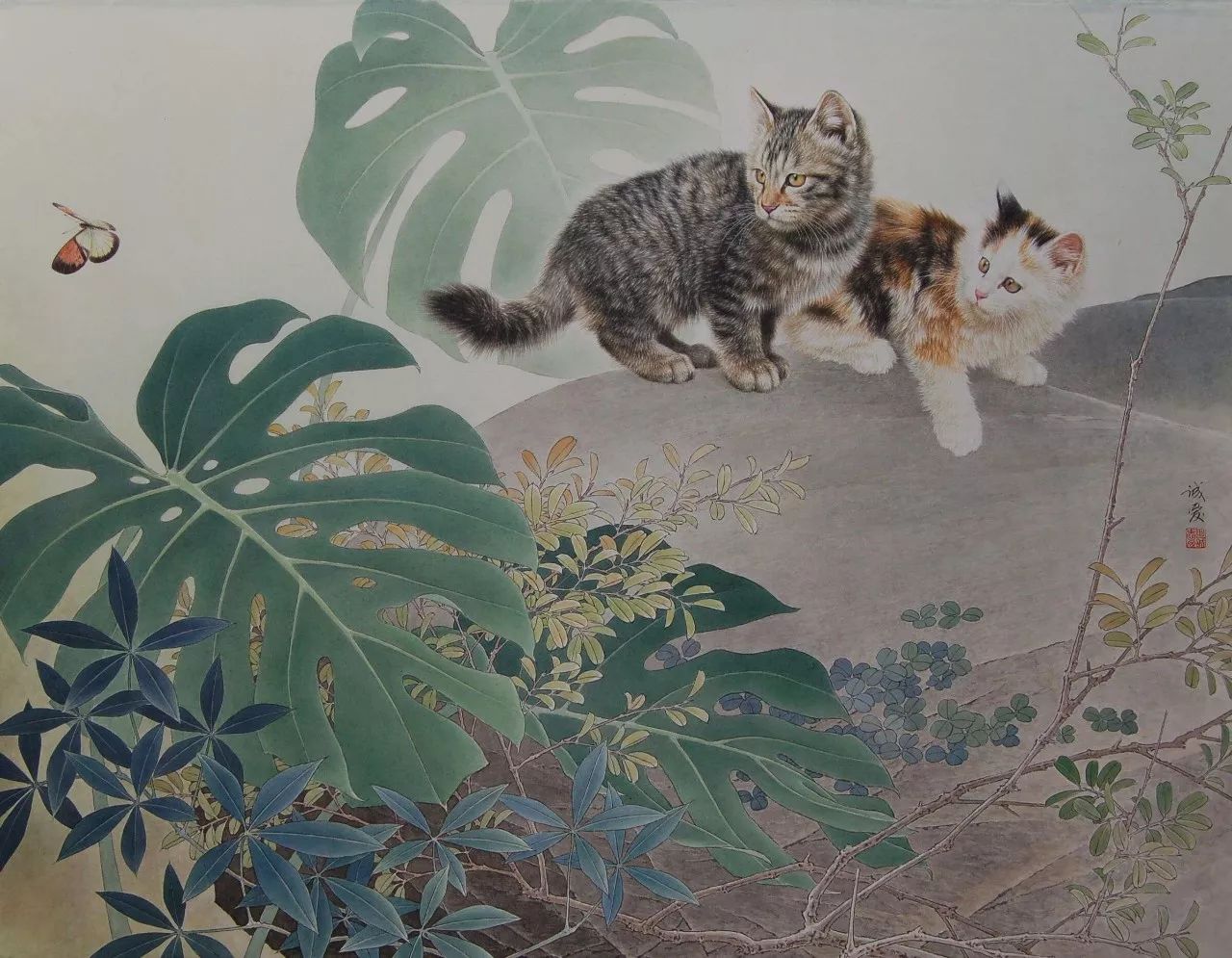 邢诚爱工笔猫扑蝶画法,邢诚爱工笔画猫白描底稿