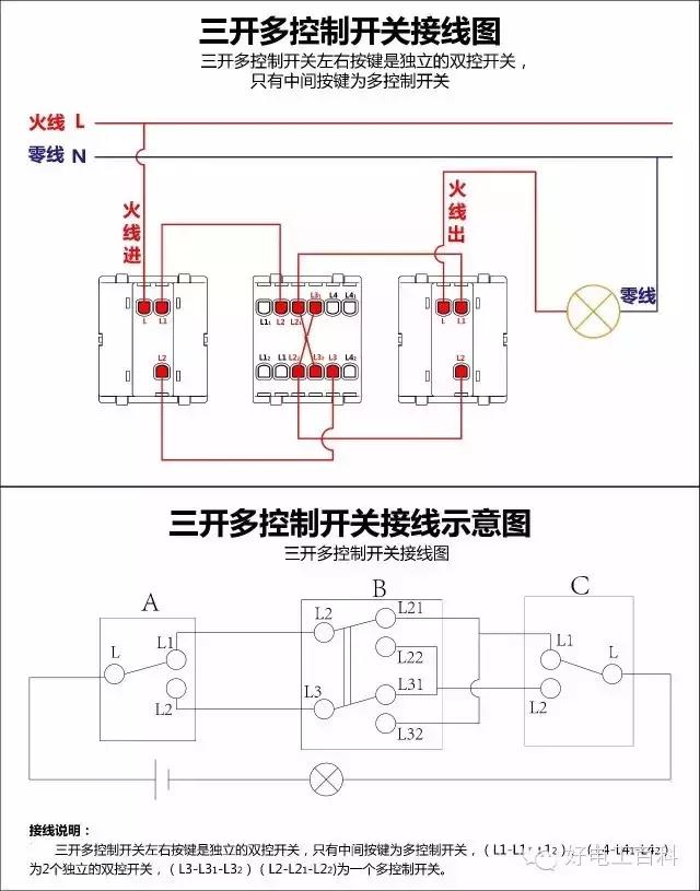 电工三控开关最新接法,公牛三开双控用作单控接线图解