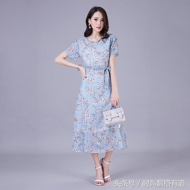 法式夏季连衣裙女雪纺印花裙子,民族风印花中袖真丝雪纺连衣裙