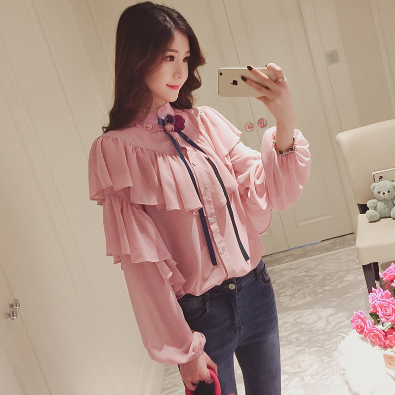 荷叶边雪纺衬衫女士气质遮肉,秋季新款喇叭袖洋气衬衫