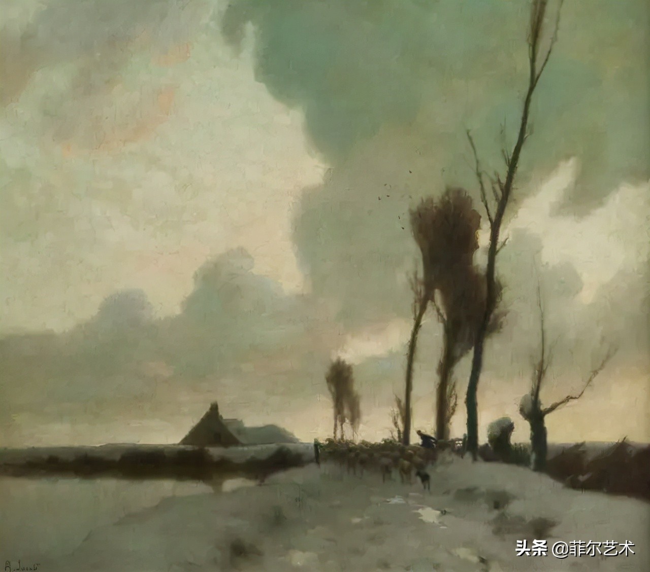 极简油画金色麦田和山,以红蓝为基调的风景油画