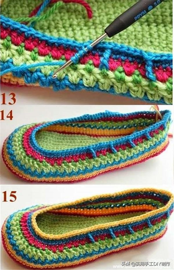 「钩编图解」民族风炫彩居家鞋子的详细编织过程