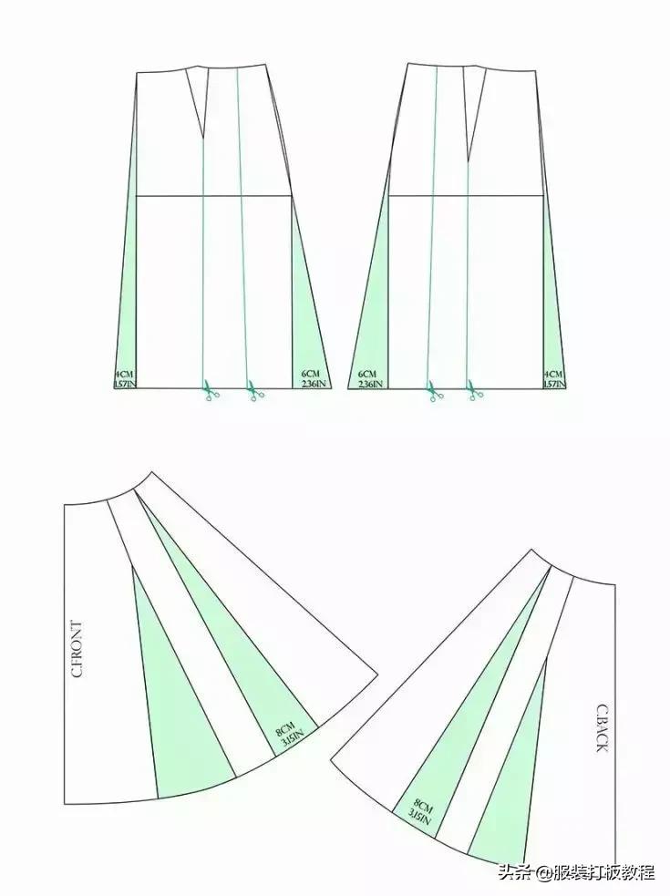 工字褶裙打版结构图,连腰工字褶裙打版