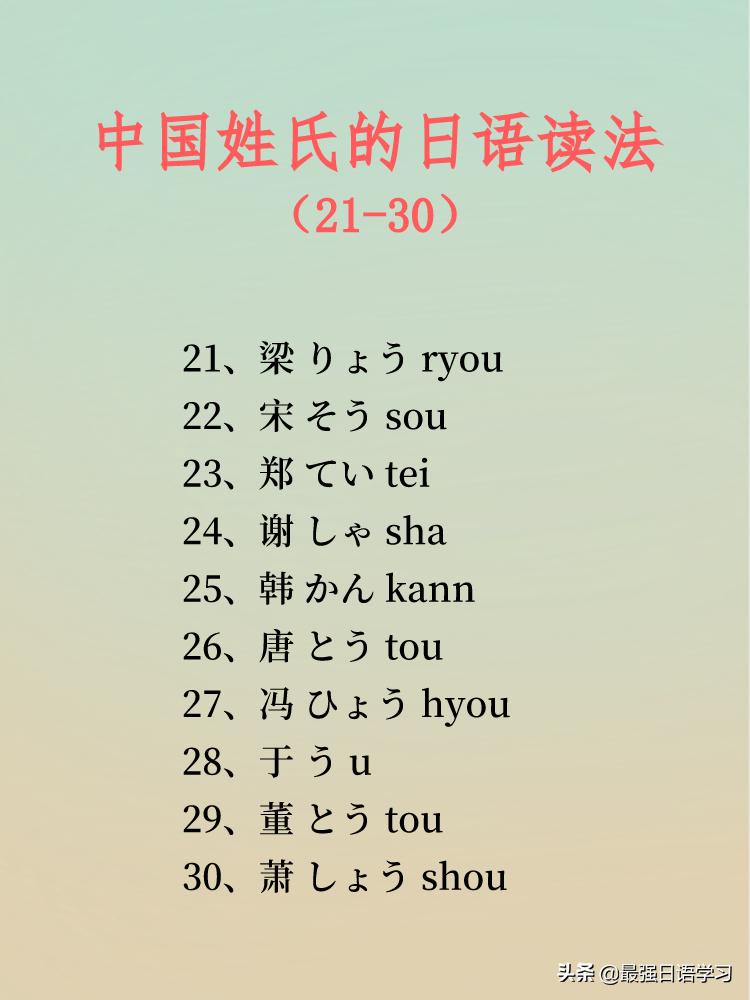 中国姓氏日语读法一览表图文,日语三字姓氏一览表