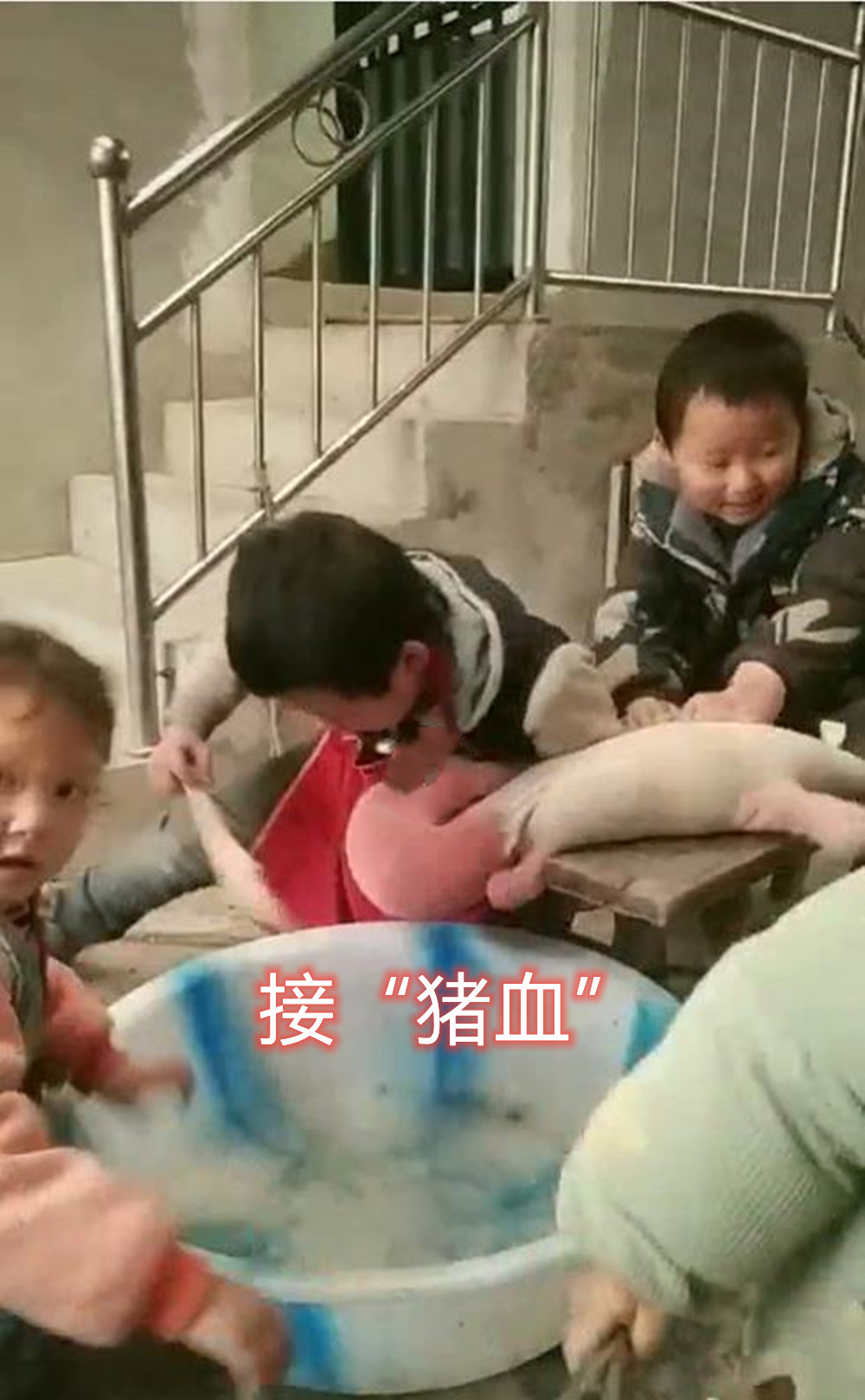 杀年猪模仿现场,四个小孩模仿杀猪捅刀表演