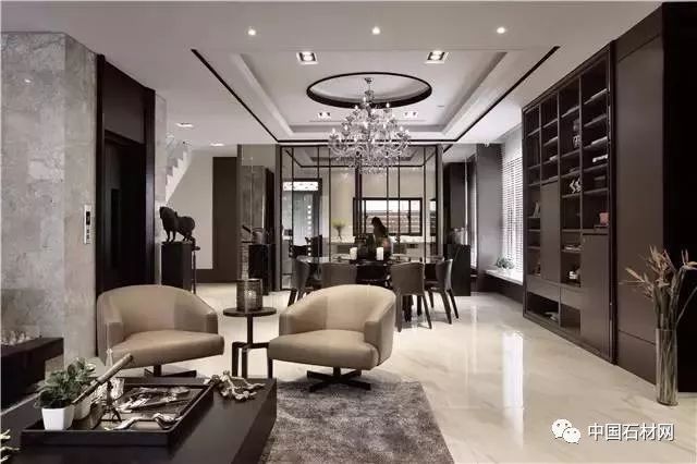 现代简约全屋大理石别墅效果图,轻奢风装修大理石别墅图片
