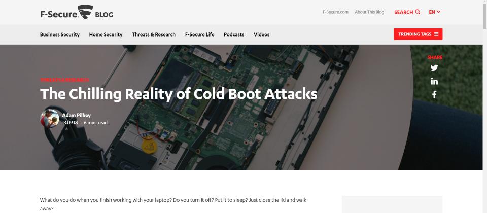 新式“冷启动（ColdBoot）“攻击可骇进绝大多数现代电脑