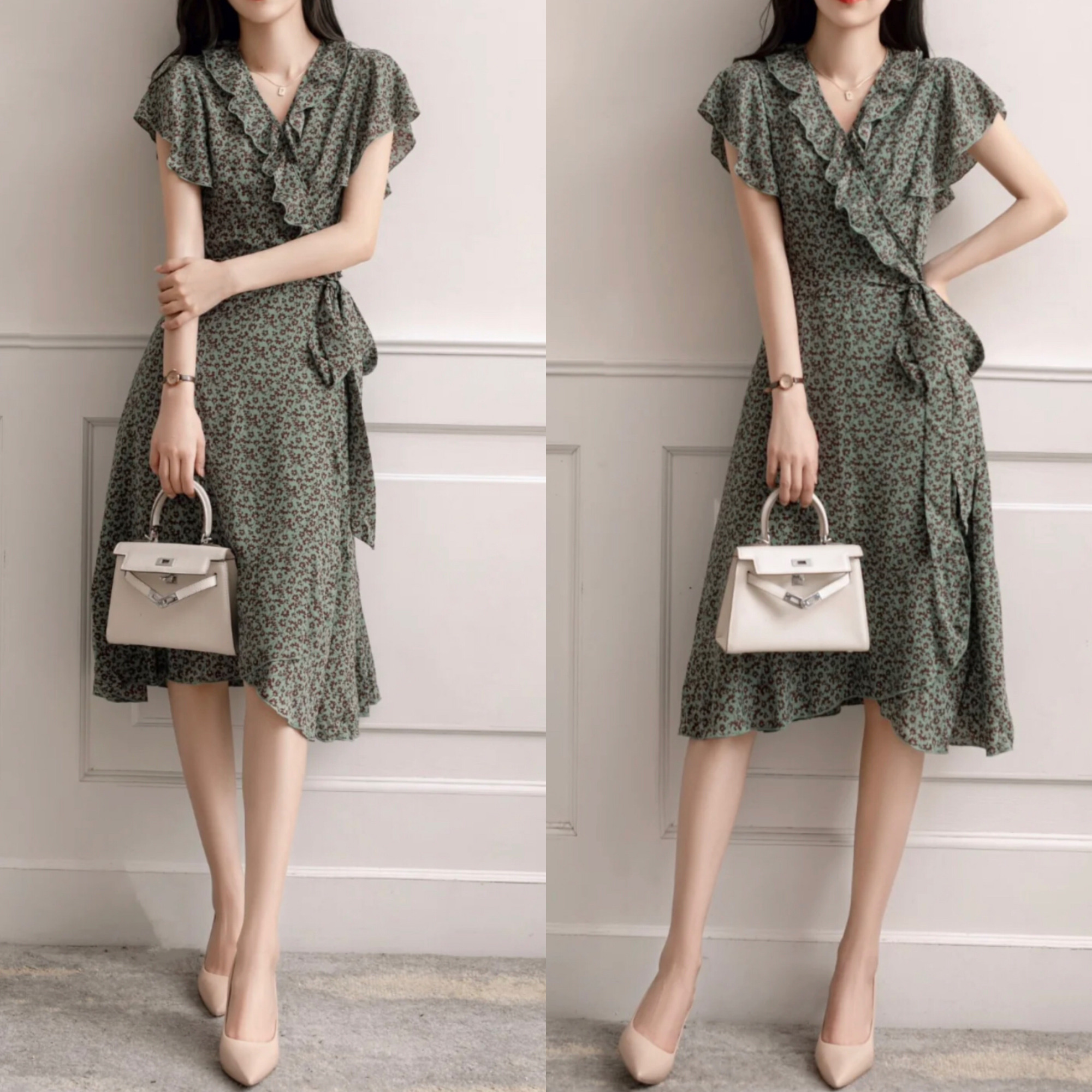 春秋气质连衣裙搭配高跟鞋,连衣裙中长款搭配高跟鞋