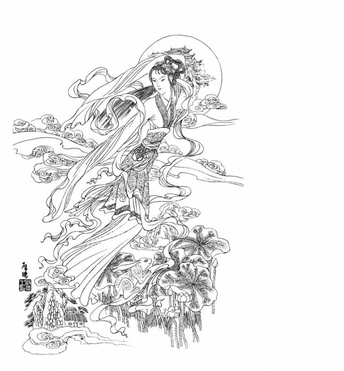 图谱神话人物工笔画白描,国画工笔人物白描图片大全大图