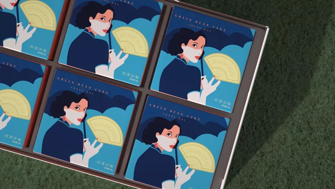 樱花绿豆糕包装盒,包装上印有福字的绿豆糕