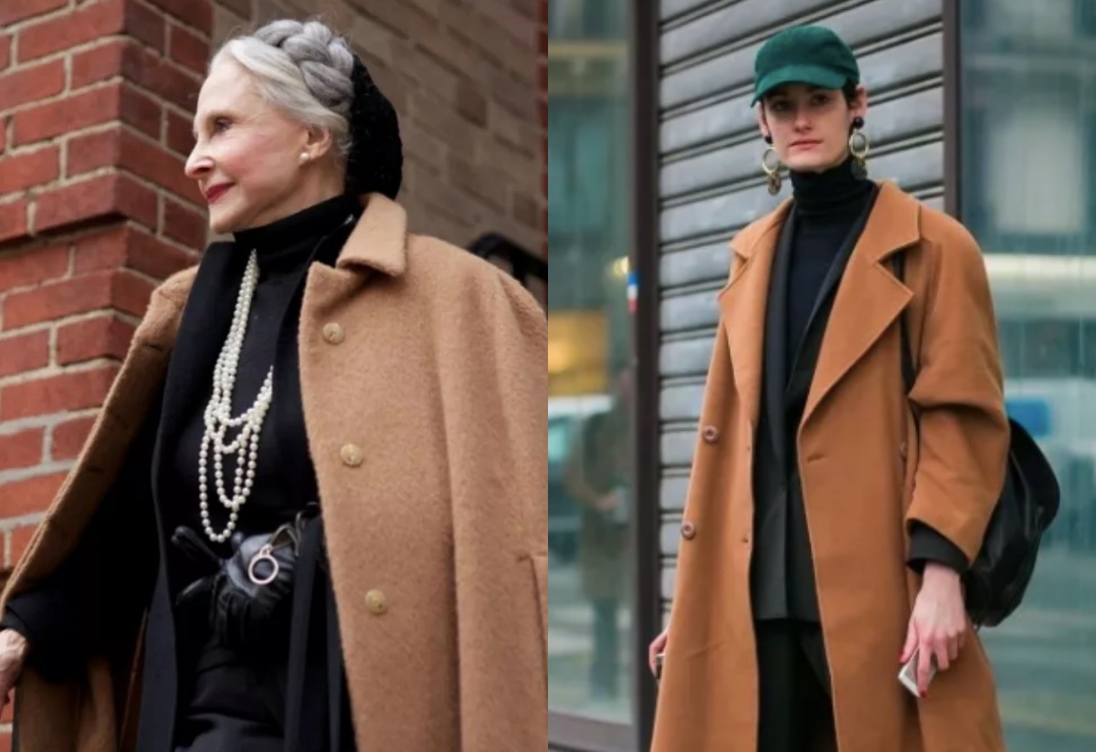 驼色大衣配黑色微喇裤,驼色大衣搭配黑色工装裤