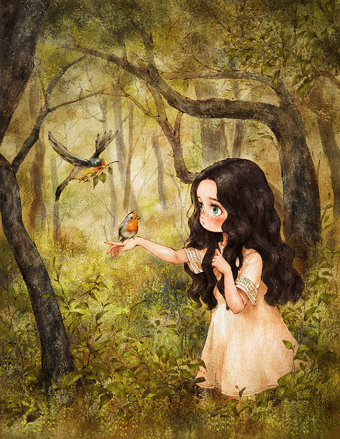 韩国插画师森林女孩日记图文,水彩插画森林女孩日记