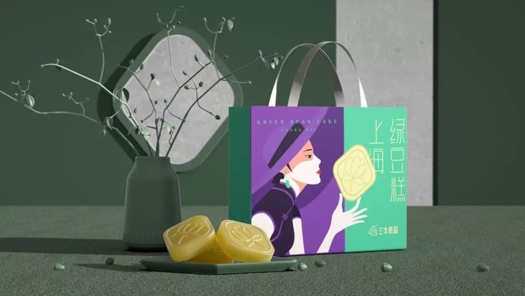 樱花绿豆糕包装盒,包装上印有福字的绿豆糕