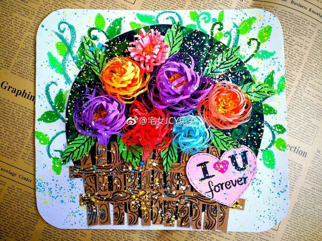 儿童绘画花束创意画,感恩节手工作品花束模版片头片尾