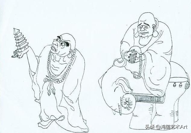 十八罗汉拜观音白描图,十八罗汉李云中白描人物图谱