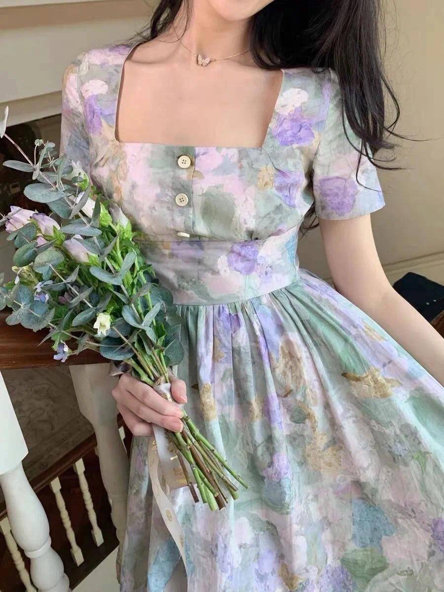 复古a字裙半身裙小个子,油画连衣裙a字夏泡泡袖