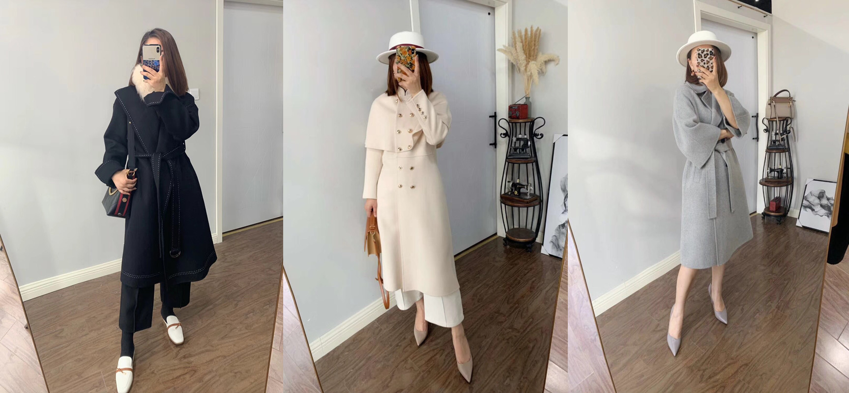 不同版型深灰色双面羊毛大衣穿搭,羊毛绒大衣怎么穿不显臃肿