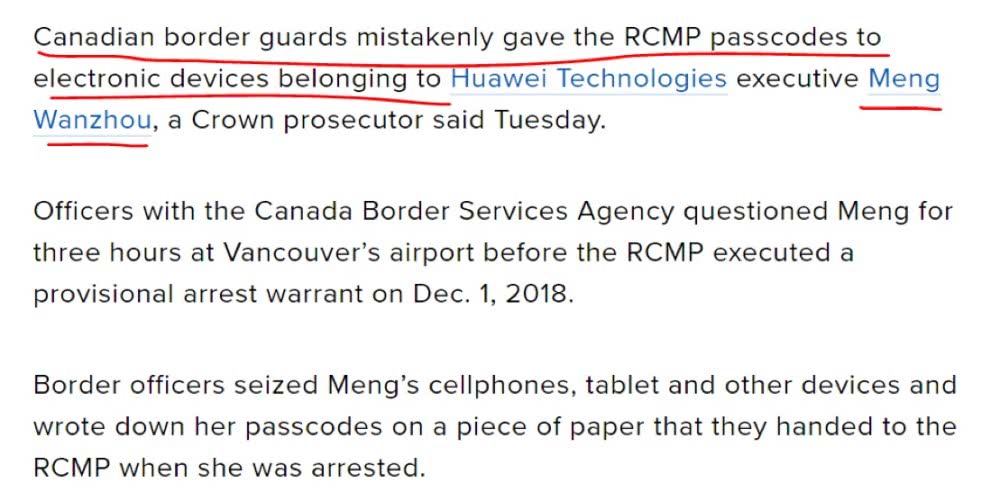 加拿大非法逮捕孟晚舟文件曝光！手机信息被分享给FBI