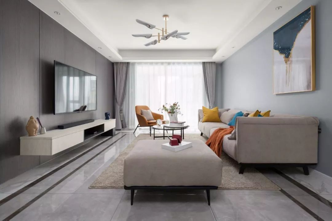 客厅地砖简约铺贴图,客厅维纳斯灰地砖效果图