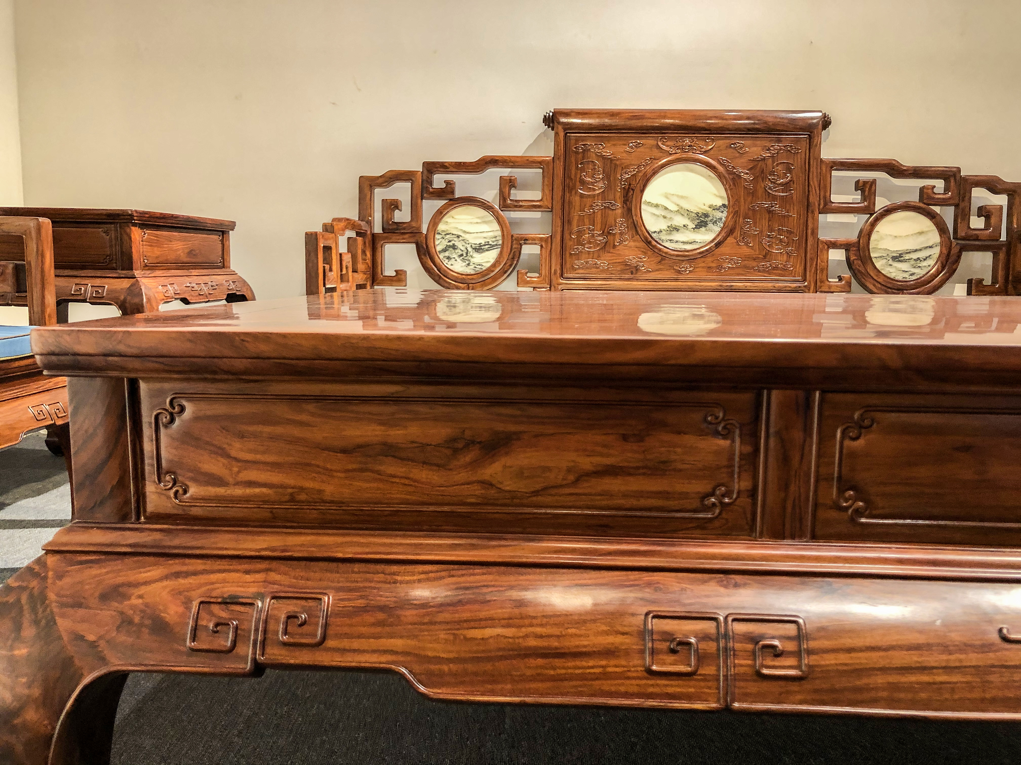 精品黄花梨云石沙发十二件套,海南黄花梨雕刻红木沙发