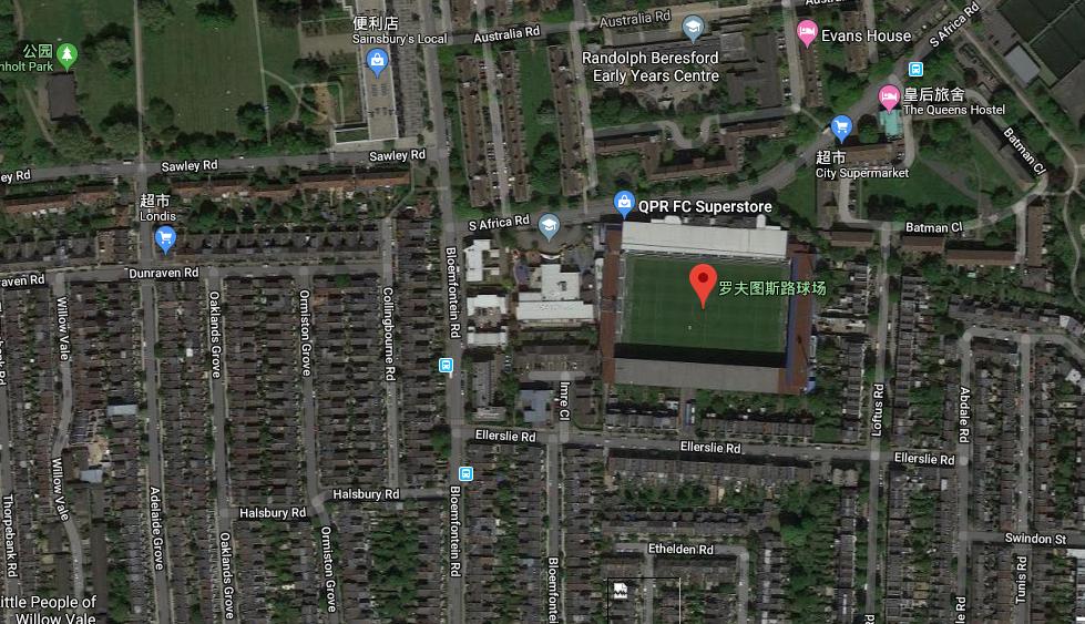 伦敦的著名足球场,用谷歌地图看地方