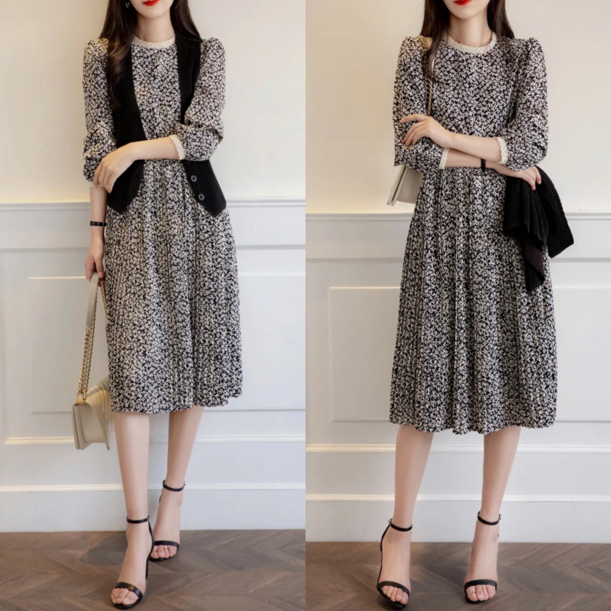 春秋气质连衣裙搭配高跟鞋,连衣裙中长款搭配高跟鞋