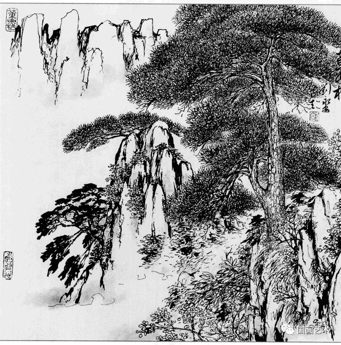 日式线描松树波浪纹,深度线描儿童画松树