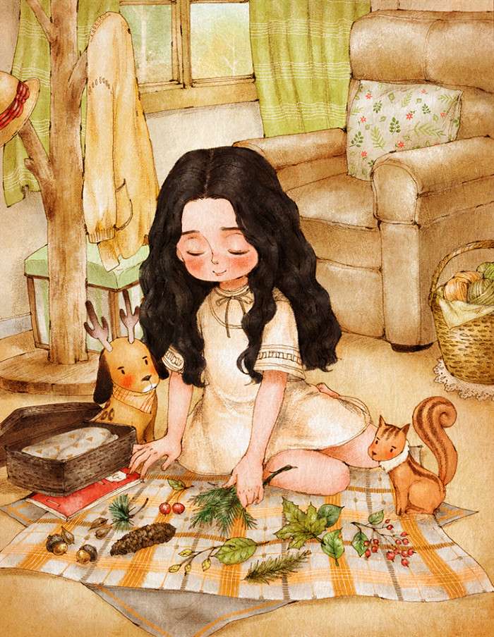 韩国插画师森林女孩日记图文,水彩插画森林女孩日记