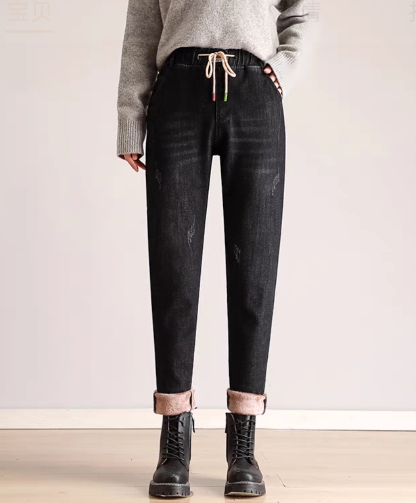 加绒牛仔保暖大码高腰显瘦,牛仔加绒打底衣外穿显瘦中长款