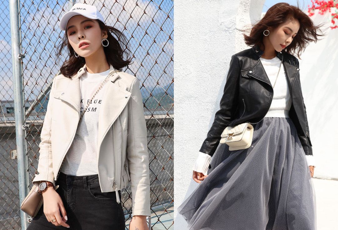 紫色短款春天小皮衣,今年流行的皮衣怎么选择搭配