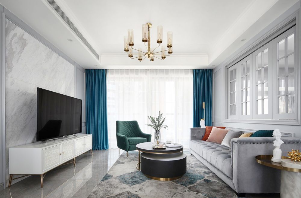 美式轻奢客厅和书房一体设计,美式轻奢风卧室书房一体效果图