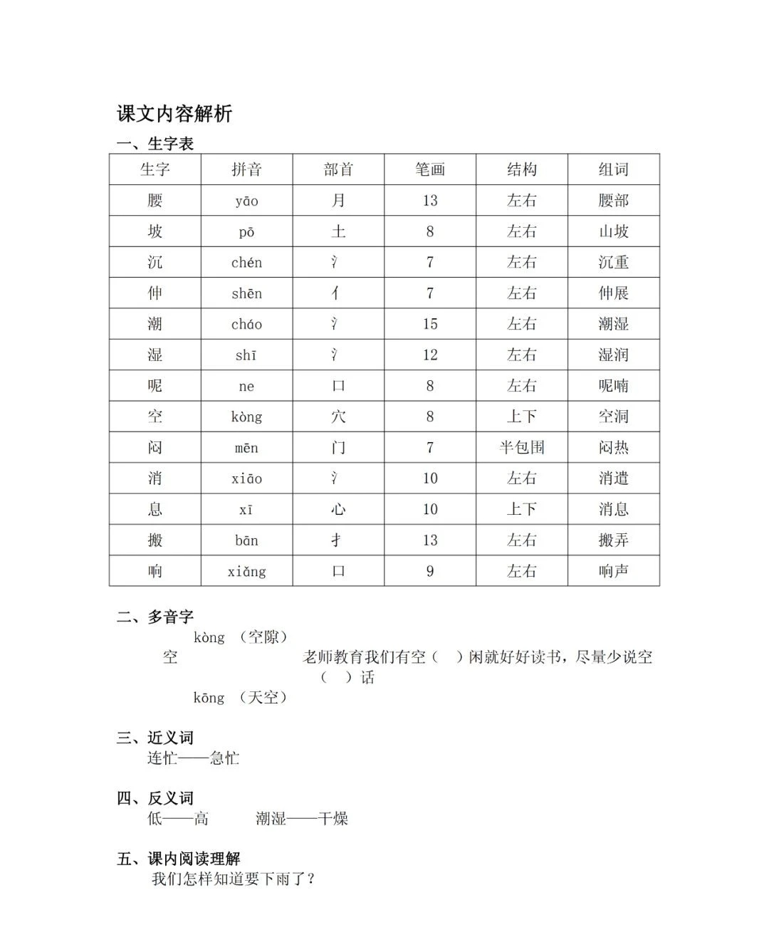 一语下全册生字（音序、部首、笔画、组词）+近反义词+词语解释