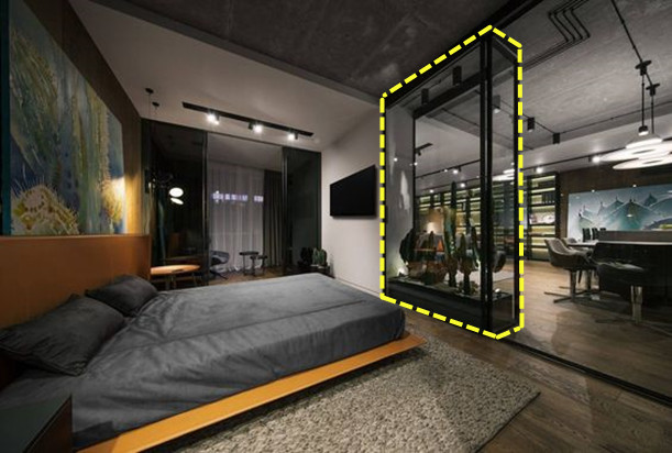 电视背景墙做房间隔断最新款,卧室和客厅之间用玻璃隔断