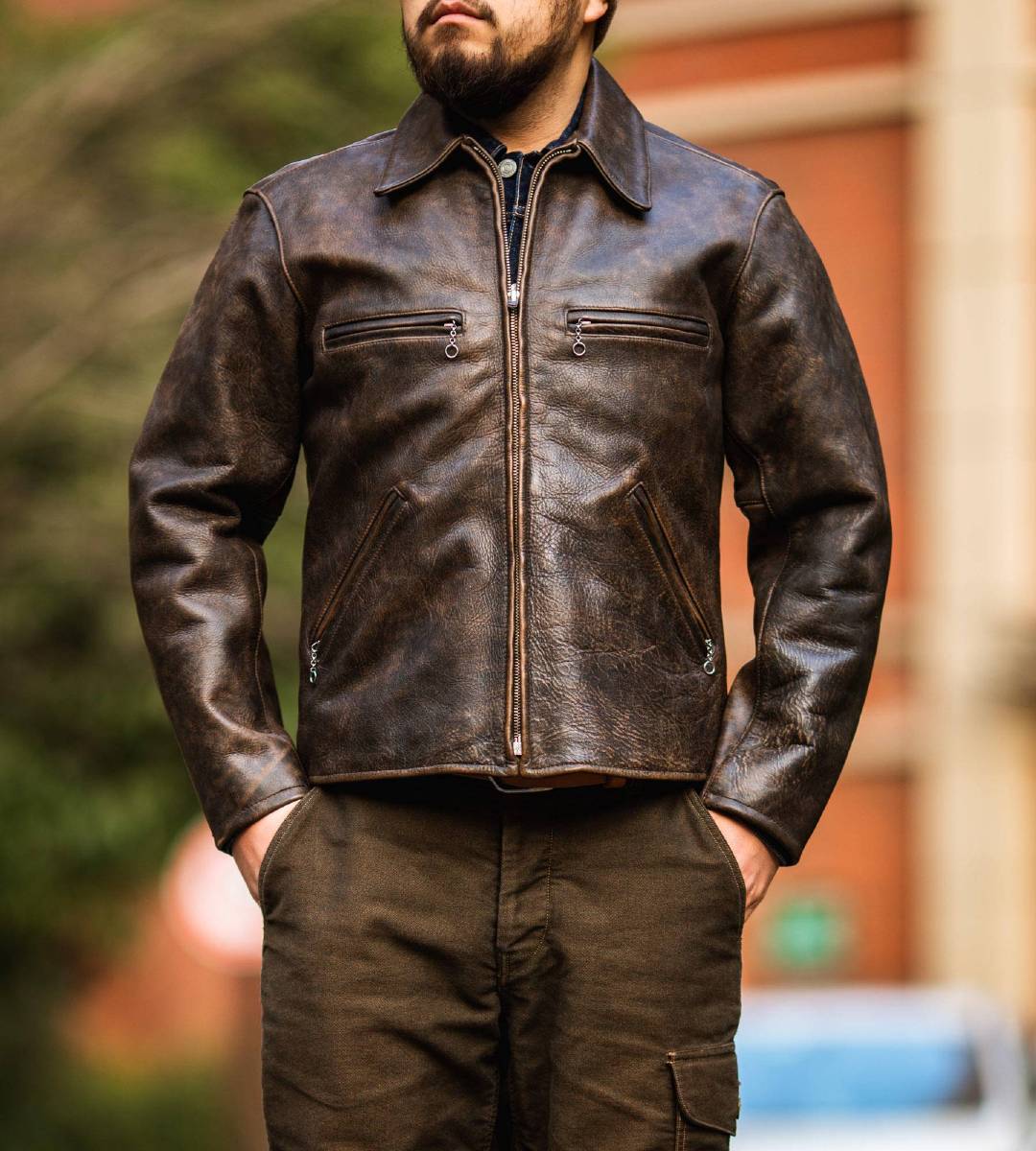 男小牛皮翻毛皮复古做旧皮衣,牛皮复古做旧皮衣男中长款