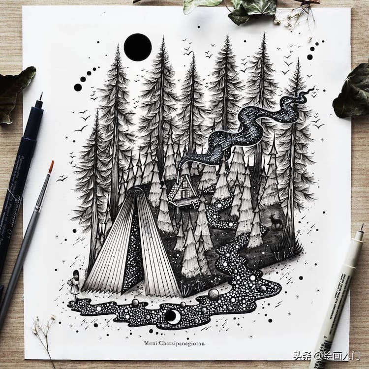 手绘插画黑白风针管笔小插画,手绘100多幅针管笔黑白插画分享