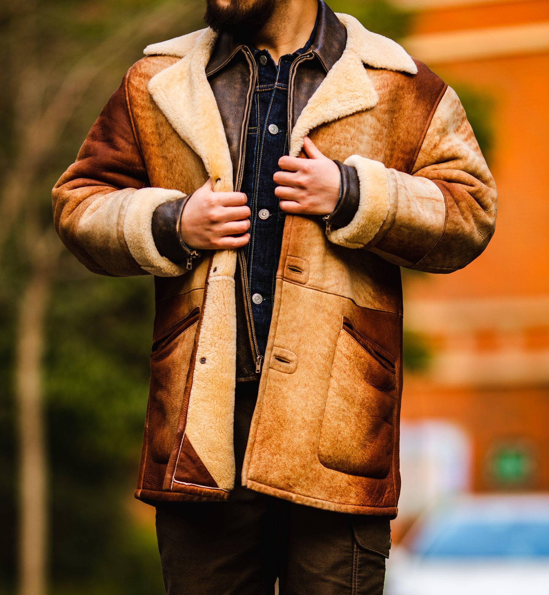 男小牛皮翻毛皮复古做旧皮衣,牛皮复古做旧皮衣男中长款