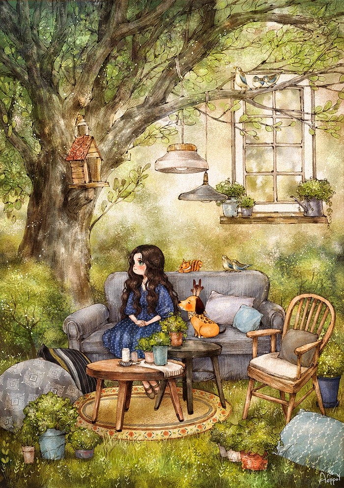 韩国插画师森林女孩日记图文,水彩插画森林女孩日记