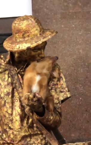 狗狗和主人扮雕像，这工作普通狗做不来，但它一脸享用的样子